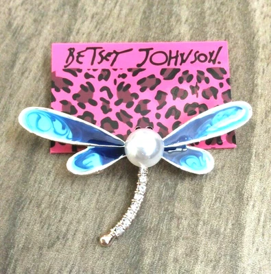 Broche Prendedor Libélula Esmalte Azul Cristal y Perla Diseñador Betsey Johnson ¡Nuevo! Foto 1 de 2