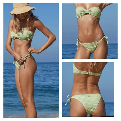 Billabong NWOT Wave Check Betty Bandeau Bikini Top And Bottom Set Green/ Yellow - Image 1 of 4