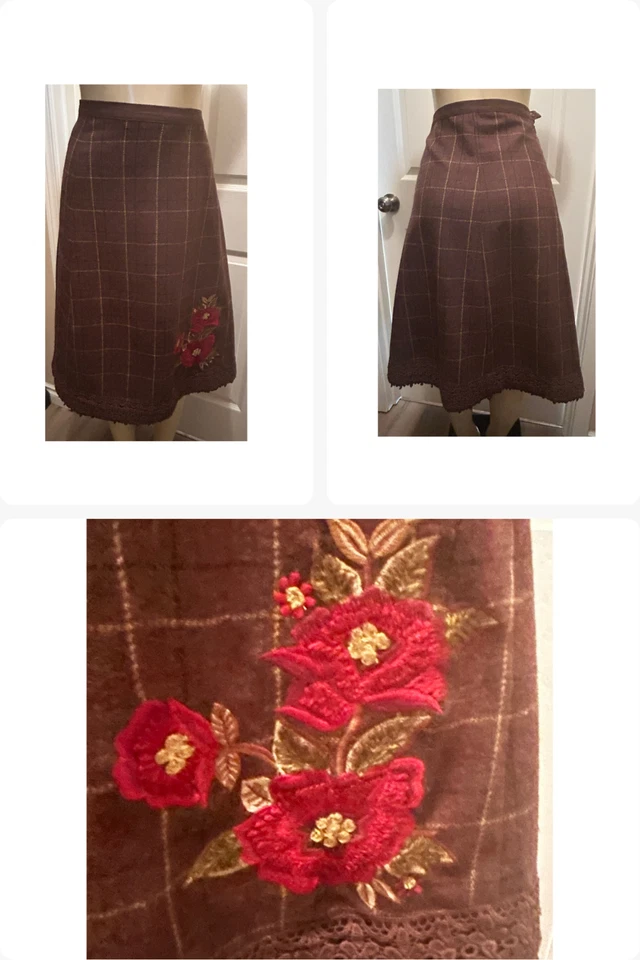 DE COLECCIÓN FALDA DE MEZCLA DE LANA DE ABRIL CORNELL MARRÓN A CUADROS HERMOSA BORDADO FLORAL XL Foto 1 de 4
