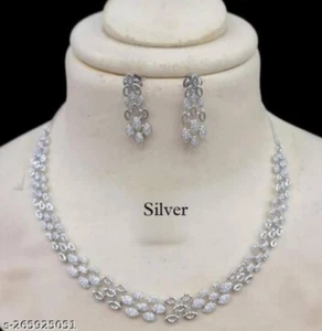 Indisches Bollywood Braut Set versilbert Schmuck Ohrringe CZ Ethno AD Halskette - Bild 1 von 11