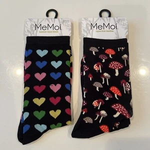 2 Paar Neu mit Etikett MeMoi Socken Damen Bambus Viskose Mischung Crew Pilz Herzen schwarz bunt - Bild 1 von 5