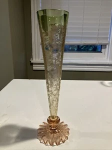 Vintage Moser Style Trumpet Vase W/ Green To Pink Hand blown Glass Ruffled Base - Picture 1 of 19
