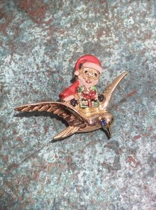 BEATRIX SANTA RIDING A BIRD ENAMEL PIN BROOCH SIGNED VINTAGE - Picture 1 of 11