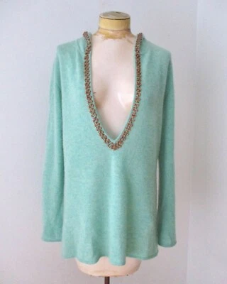 Suéter con Capucha Soft Surroundings Verde Moteado 100% Cachemira V-Plunge Cuentas L Foto 1 de 4