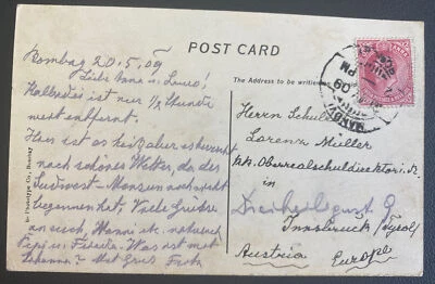 1909 Bombay India Picture Postcard  cover To Innsbruck Austria Monkey Temple - Image 1 of 2