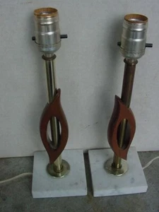 vtg pair of mid century modern teakwood desk table lamp w/marble base tested - Picture 1 of 11