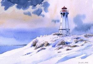 Tarjetas de notas de acuarela Louisbourg Point faro de nieve, cabo bretón, Nueva Escocia - Imagen 1 de 2