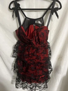 Cacique Intimates Sexy Red W/Black Lace Babydoll Teddy Nightie Lingerie 18/20 - Picture 1 of 5