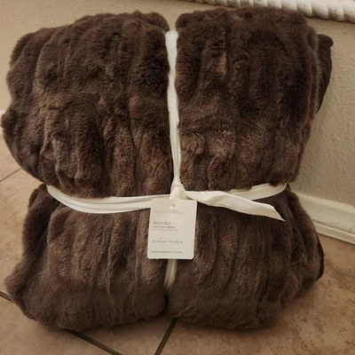 NEW Pottery Barn Ruched Faux Fur Throw Blanket MOCHA Brown Cabin - Image 1 of 3