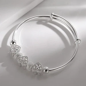 Fine 925 Silver women Heart Bangle bracelet fashion charm jewelry wedding Gift - Picture 1 of 4