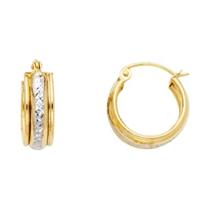 Women Real 14k Yellow White Gold Diamond Cut Huggies Hoop Earring Clip On - Picture 1 of 1