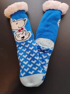 Peanuts Snoopy Sherpa Lined Warm Sock Slip Resistant Sole Blue New - Picture 1 of 8