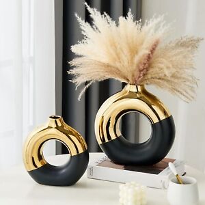 FJS Ceramic Donut Vase Set of 2, Black and Gold Round Vase for Pampas Grass, ...