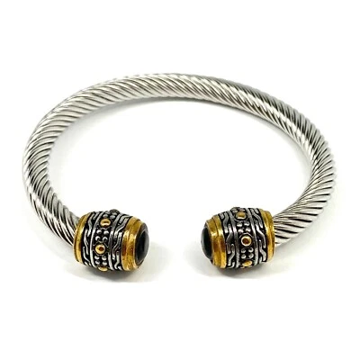 Brazalete Twist Cuff Color Plata Titanio Acero Tesoro Apilable Piedras Negras Foto 1 de 4