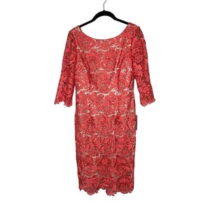 Eliza J Orange Lace Nude Lining Sheath Cocktail 3/4 Sleeve Boat Neck Dress Sz 6 - Picture 1 of 7