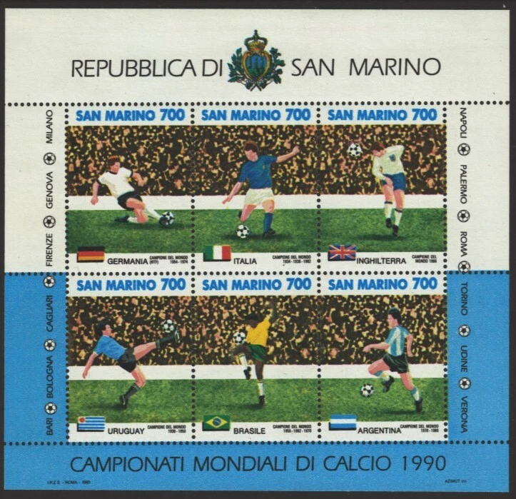 Hoja de recuerdo de fútbol de la Copa Mundial de San Marino 1990 MNH Foto 1 de 1