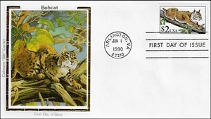Bobcat Wildlife Cat $2 Clean Gold USA Colorano Silk FDC 1990 - Picture 1 of 1