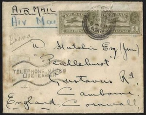 INDIA BIRMANIA REINO UNIDO 1929 CORREO AÉREO PUBLICADO EN TOUNGOO A CORNWALL CON PUBLICIDAD AUXILIAR - Imagen 1 de 2