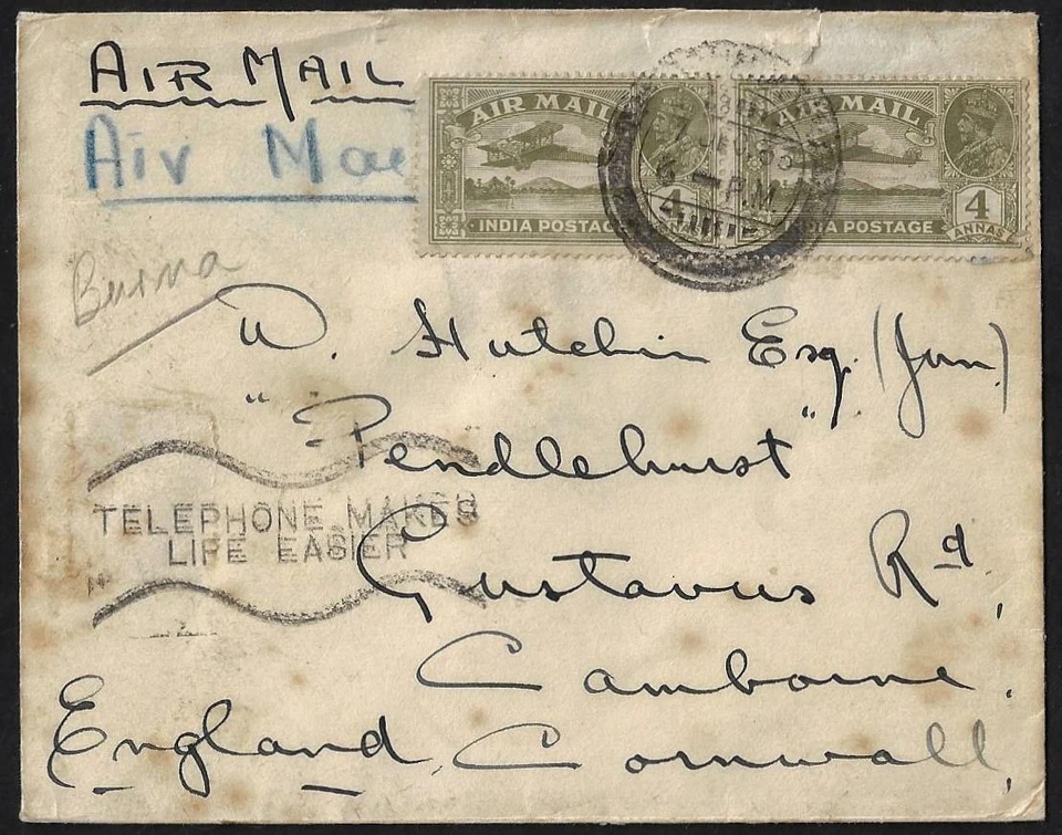 INDIA BURMA UK 1929 AIR MAIL POSTED IN TOUNGOO TO CORNWALL W/AUXILIARY ADVERTISI - Image 1 of 2