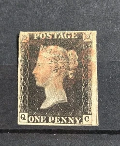 GB QUEEN VICTORIA SG 2 1D NEGRO PL 6, 4 MÁRGENES, CRUZ MALTESA ROJA CANCELAR (C6) - Imagen 1 de 1