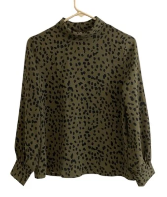 豹纹衬衫女式小号军队绿色长袖纽扣领人造丝 — 第 1/4 张图片