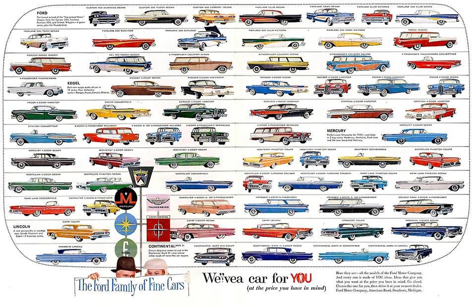 1958 All Ford motor Co car Lines Showroom Wall illustration 12 x 19 Giclee Print - Image 1 of 1