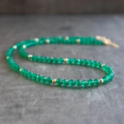 A++++ Beautiful Green Onyx Faceted Round Gemstone Beads Gold Feld Necklaces 18'' - Image 1 of 4