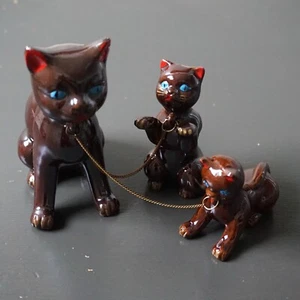 Cats Redware Figurine Chain Brown Gold Red Blue Japan? Vintage Set of 3 *READ - Picture 1 of 18