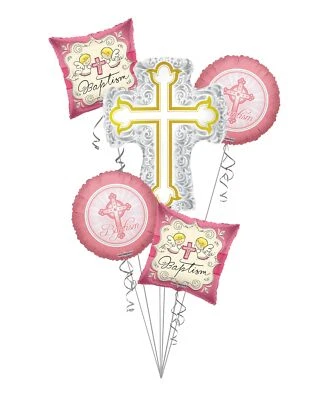 Baby Girl Christening, Baptism Silver & Gold Cross Balloon Bouquet (5 Balloons)  - Image 1 of 4