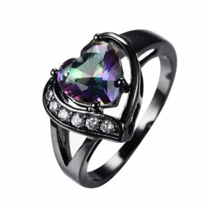 Fashion Black Gold Heart Shaped Rainbow Zircon Ring Wedding Jewelry Ring Sz 7.5 - Picture 1 of 1