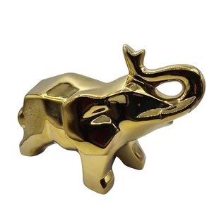 New With Tag Shiney Gold Elephant Ceramic Geometric Figurine Trunk Up Good Luck - Picture 1 of 9