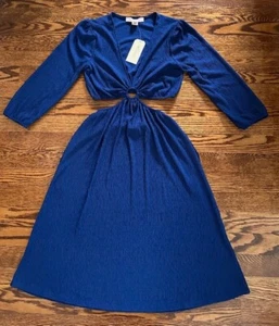 MONTEAU  LOS ANGELES WOMEN Royal Blue V Neck Keyhole 3/4 Sleeve Cut Out DRESS S - Picture 1 of 6