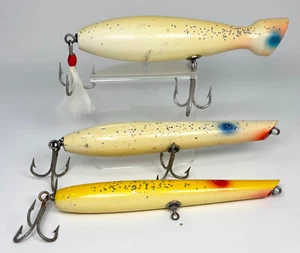 3 STAN GIBBS Polaris Poppers Fishing Lures Vintage White Yellow Wood Saltwater - Picture 1 of 24