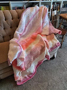 Handmade large knitted soft cozy blanket with pink and white color hues, Twin - Picture 1 of 11