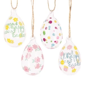 Floral Happy Easter Glass Egg Hanging Decorations with Twine Set of Four - Picture 1 of 1