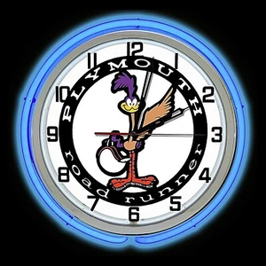 Plymouth Road Runner Sign 19 " Blue Double Neon Clock Man Cave Garage RoadRunner - Picture 1 of 2