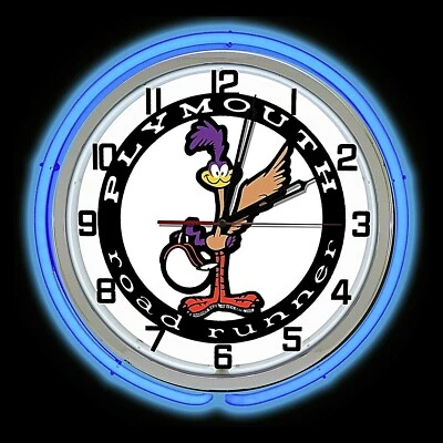 19" Plymouth Road Runner Sign Blue Double Neon Clock Man Cave Garage RoadRunner - Image 1 of 2