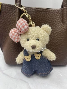 Teddy Bear Plush Bag Charms Cute Bear Plushie Toy Denim Purse Keychain Accessory - Picture 1 of 3