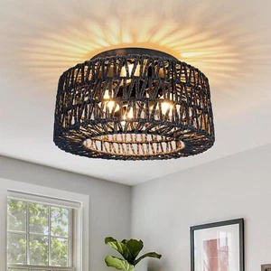 3-Lights Hand-Woven Boho Flush Mount Ceiling Light, Rustic Rattan Chandelier - Picture 1 of 38