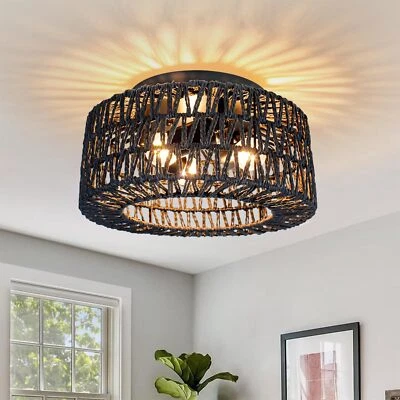 3-Lights Hand-Woven Boho Flush Mount Ceiling Light, Rustic Rattan Chandelier - Image 1 of 4