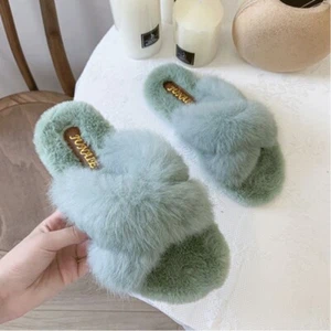 Women Winter House Slippers Slip on Faux Fur Flat Sandals Soft Warm Shoes Lovely - Picture 1 of 16