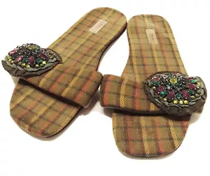 PRADA - VTG Rhinestone Trim Retro Green Orange Yellow Plaid Slipper Flats 6 36.5 - Picture 1 of 7