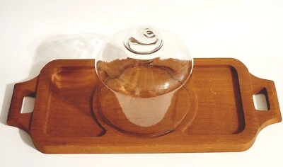Teak Wood Cheese Charcuterie Tray Glass Dome Lid  1970’s GoodWood Thailand - Image 1 of 4