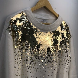 Suéter tejido Nine West para mujer X-pequeño suéter cuello redondo lentejuelas dorado suave nuevo - Imagen 1 de 14