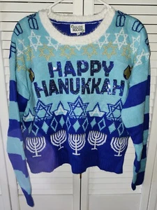 Happy Chanukkah blauer Damenpullover Größe Small Metallic Pailletten Urlaub neu ohne Etikett  - Bild 1 von 7