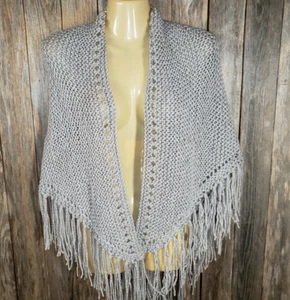 NEW Gray Silver Metallic Hand Knitted Shawl Wrap Scarf Boho Hippie Knit Handmade - Picture 1 of 7