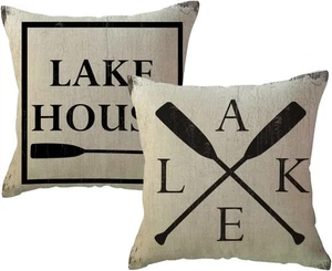 2 Pack Lake House Throw Pillow Covers 18''x18'' Beige/Black - Picture 1 of 6
