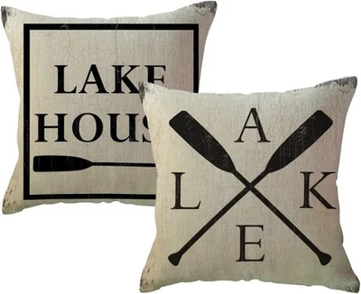 2 Pack Lake House Throw Pillow Covers 18''x18'' Beige/Black - Image 1 of 4
