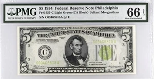 1934 $5 Federal Philadelphia PMG 66 EPQ LGS Light Green Seal Fr 1955-C - Picture 1 of 2