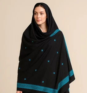 Vintage Sheer Cotton Shawl Pashmina Black Hand Embroidered Art to Wear XXL 90x36 - Picture 1 of 24